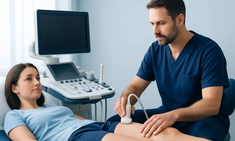 Doctor performing Thompson test on patient's knee in hospital setting.
