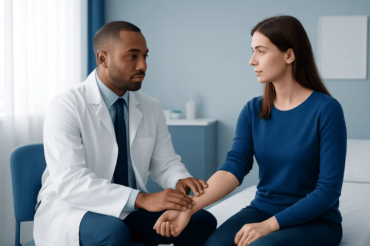 Doctor discussing allergy test results with patient in clinic.