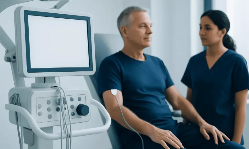 Patient undergoing a stress test with medical staff monitoring equipment.