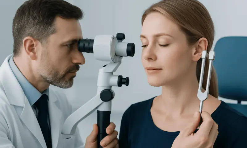 Otolaryngologist performs Rinne and Weber tests on patient in clinic.