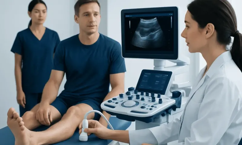 Medical examination of a patient's tibialis muscle using ultrasound at Acibadem Hospital.