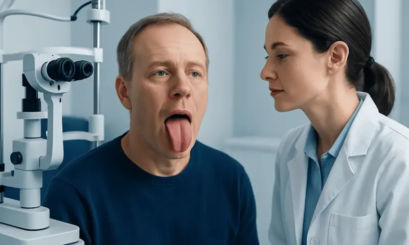 Doctor examines patient's tongue for signs of pernicious anemia.