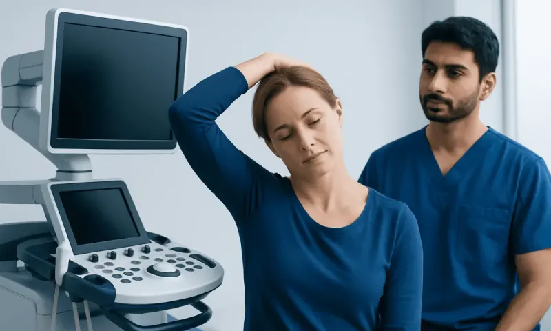 Patient experiencing neck pain during a medical examination at Acibadem Hospital.