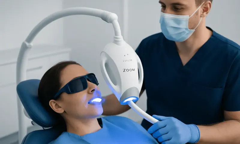 Dental patient undergoing Zoom teeth whitening treatment in a clinic setting.