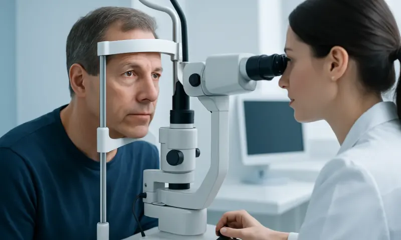 Ophthalmologist examining patient's eye with slit lamp in clinic.