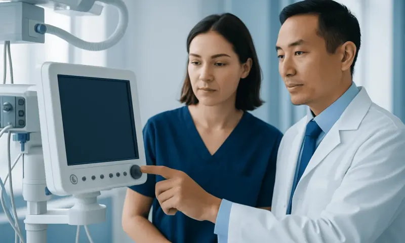 Medical professionals reviewing patient data on a monitor in a hospital setting.