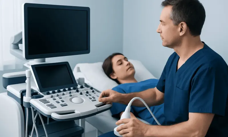 Doctor performing ultrasound on a patient in a hospital room.