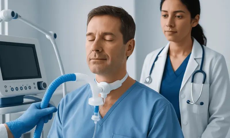 Patient with respiratory support in a hospital setting.
