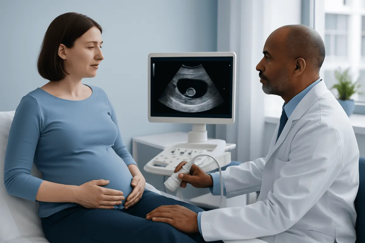 Obstetrician performs ultrasound on pregnant woman in clinic.