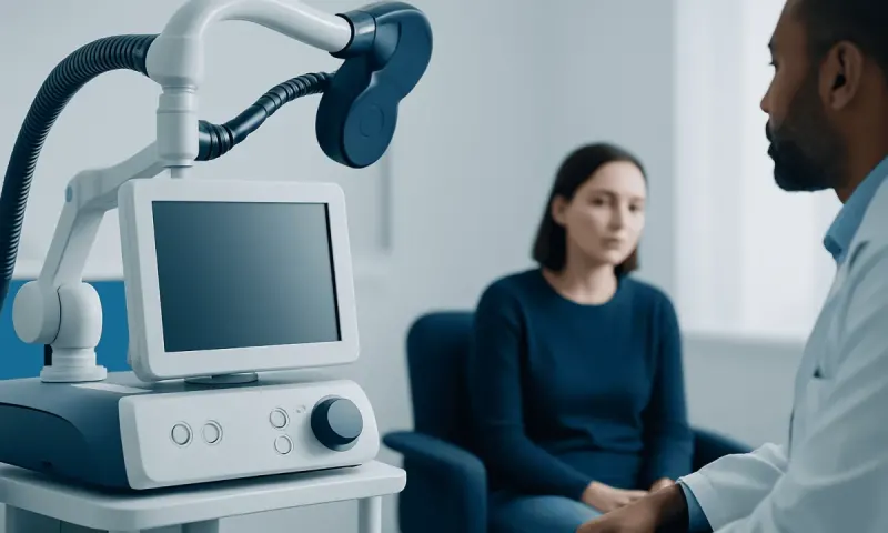 Doctor and patient in a medical consultation room with diagnostic equipment.