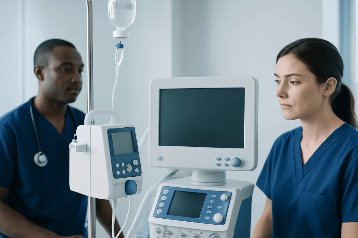 Medical professionals in a hospital room with monitoring equipment.
