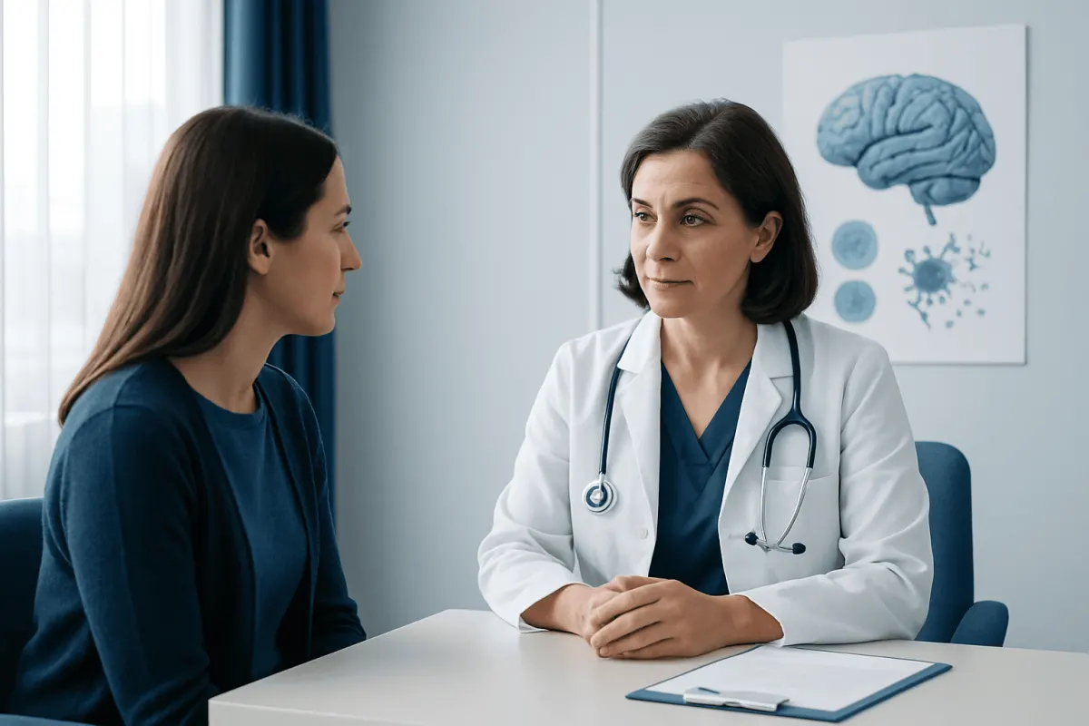 Doctor consulting patient about neurological autoimmune disorders treatment.