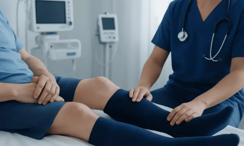 Doctor examining patient's leg in a hospital setting.