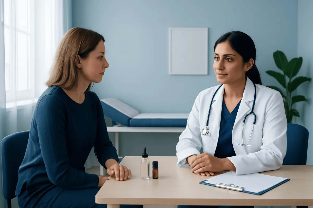 Doctor consulting with patient in a medical office setting.