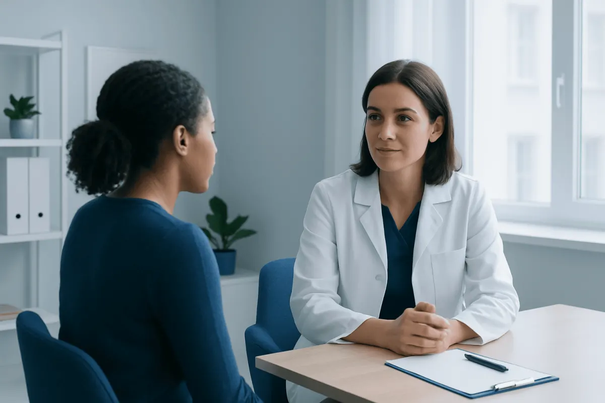 Doctor consulting with patient in a medical office setting.