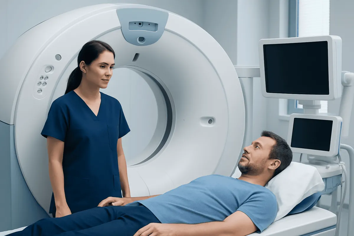Medical professional prepares patient for MRI scan at Acibadem Hospital.