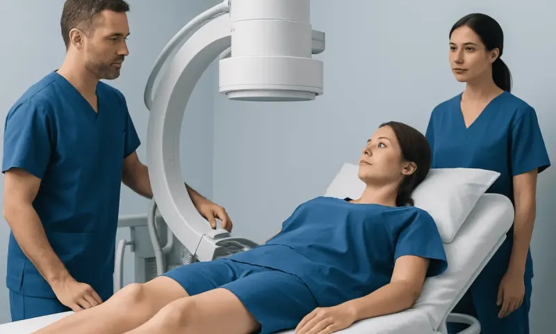 Medical professionals performing a pelvic scan on a patient in a hospital.