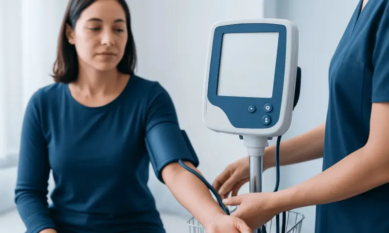 Healthcare professional measuring blood pressure of a woman patient.