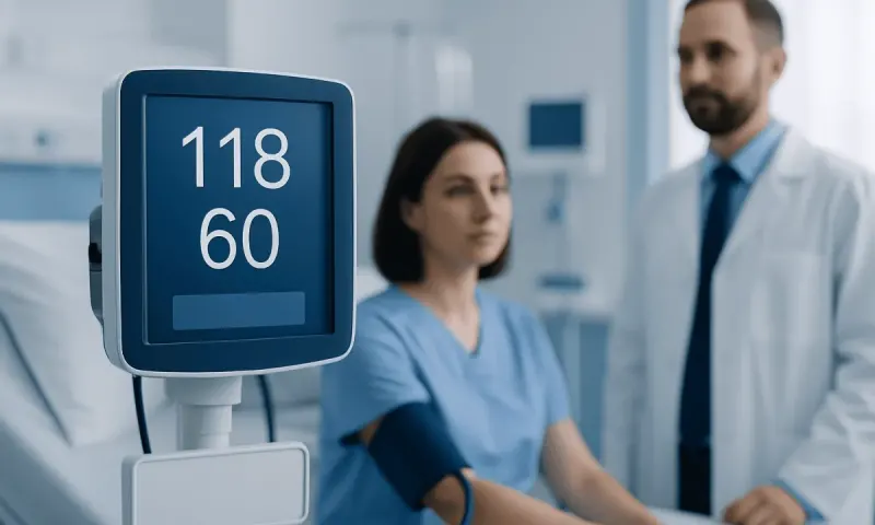 Blood pressure monitor displaying 118/60 reading in a medical setting.