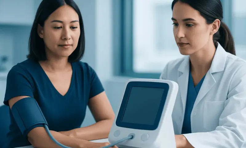 Medical professional measuring blood pressure of a woman in clinic.