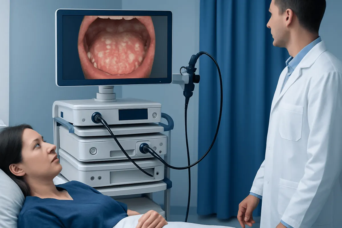 Doctor examines patient's mouth with tongue and throat image on monitor.