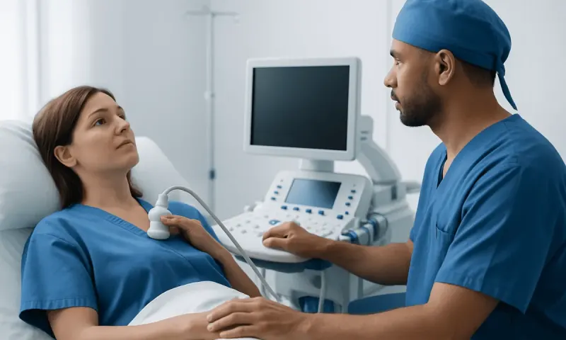 Doctor explaining thyroid ultrasound to patient in hospital room.