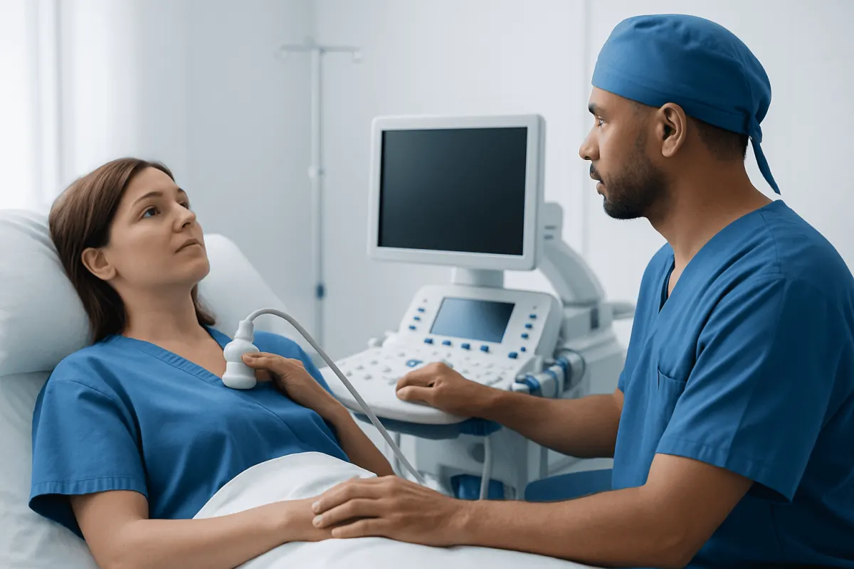 Doctor explaining thyroid ultrasound to patient in hospital room.