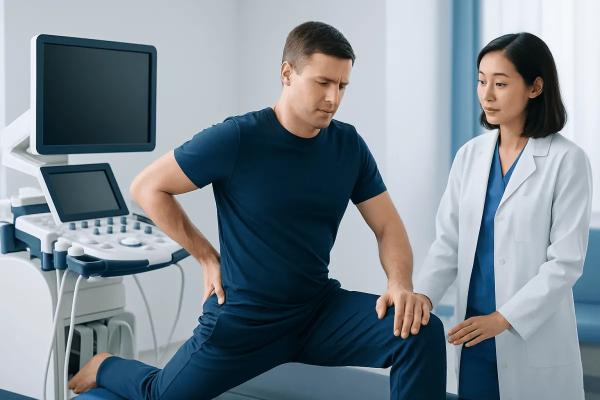 Patient performing a stretching exercise with medical supervision in a clinical setting.