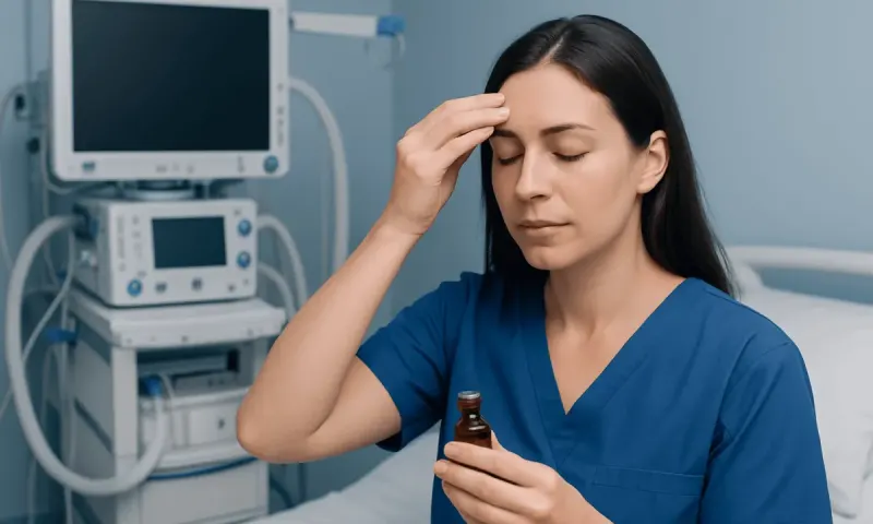 Female healthcare professional with headache holding essential oil bottle in hospital.