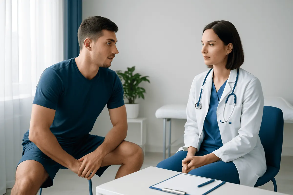 Patient consulting with a doctor in a medical office setting.