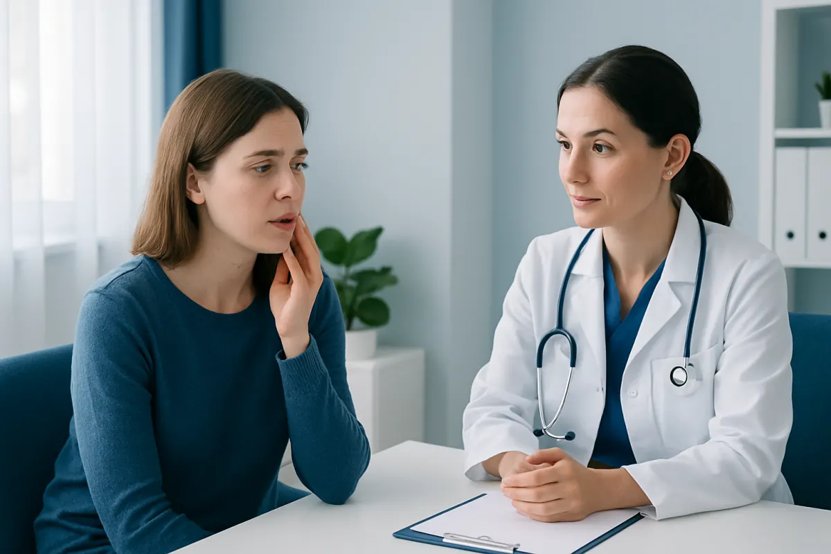 Doctor consulting with a patient about cold sore concerns in a medical office.