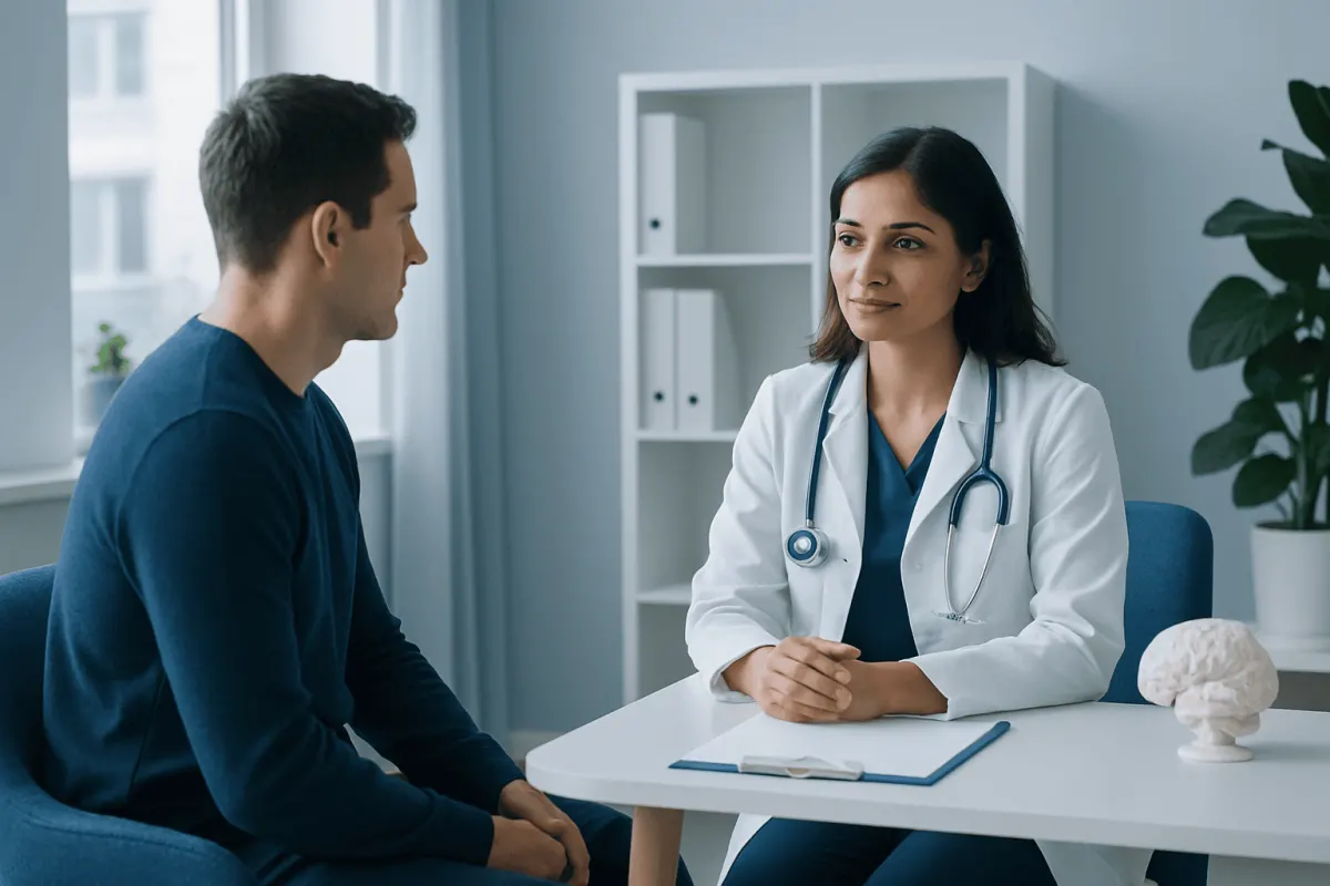 Doctor consulting with a patient in a modern medical office.