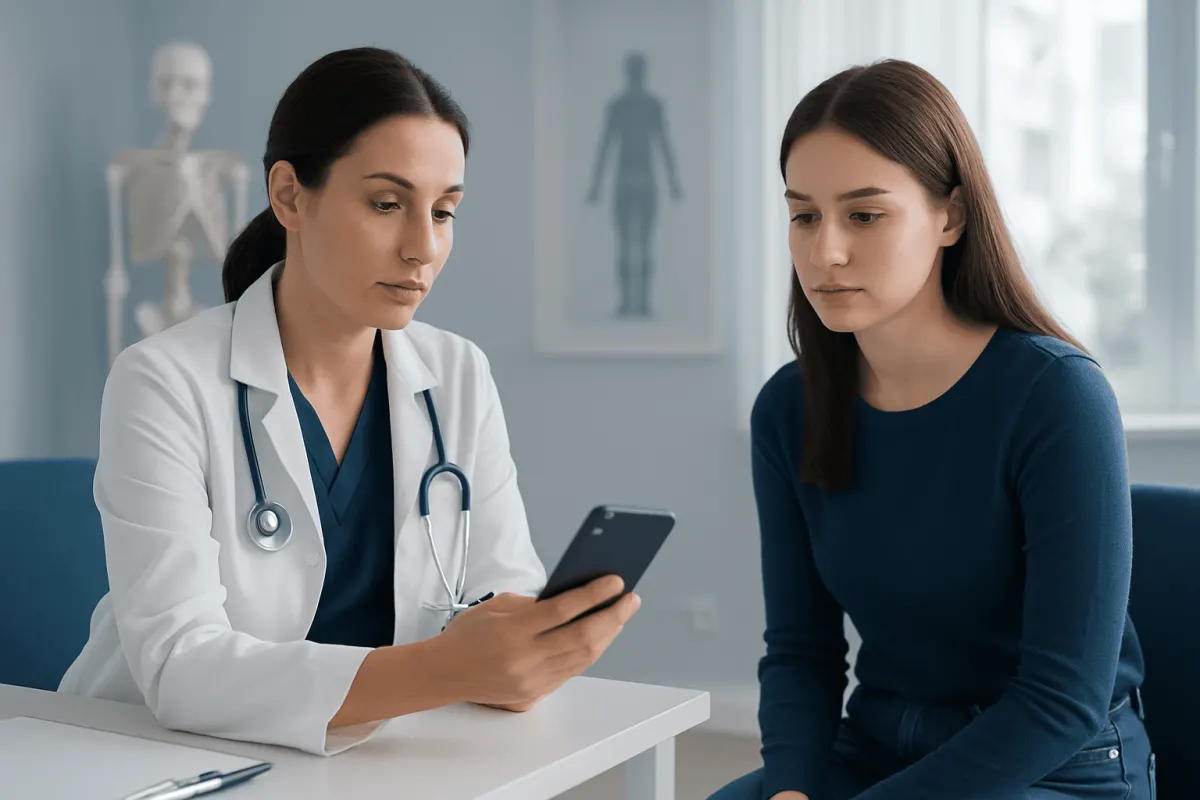 Doctor showing health information on a smartphone to a patient in a clinic.