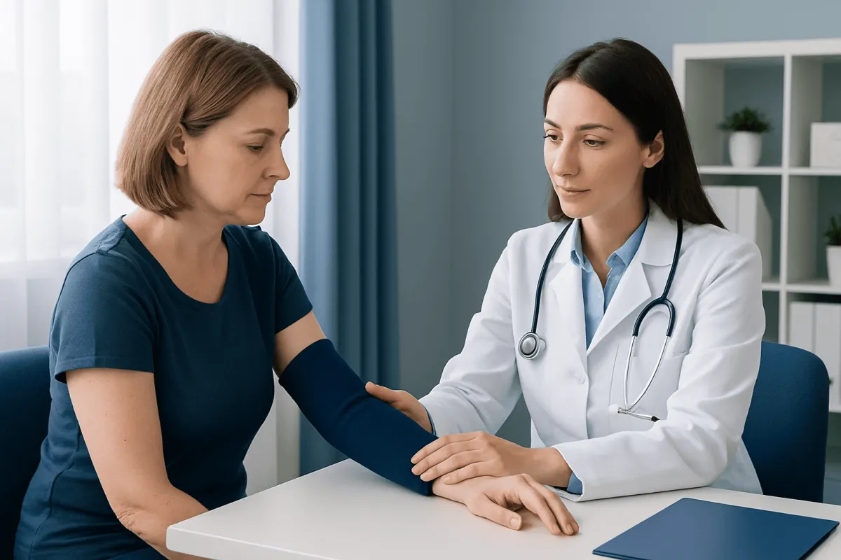 Doctor examining patient's arm in a medical consultation room.