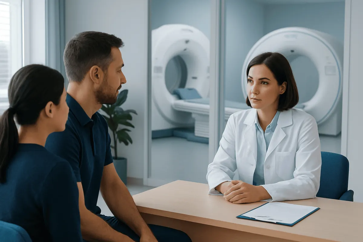 Doctor explaining MRI scan process to patients in a medical clinic.