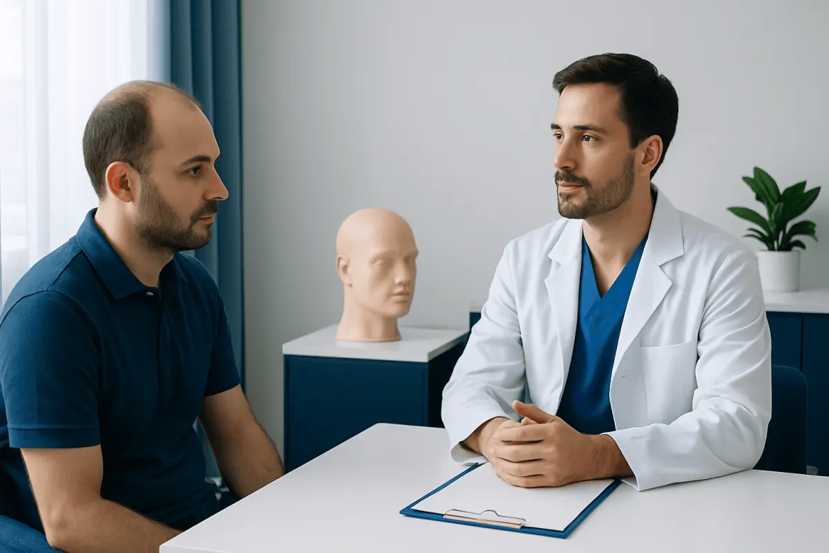 Doctor consulting with patient about hair transplant options at Acibadem Hospital.