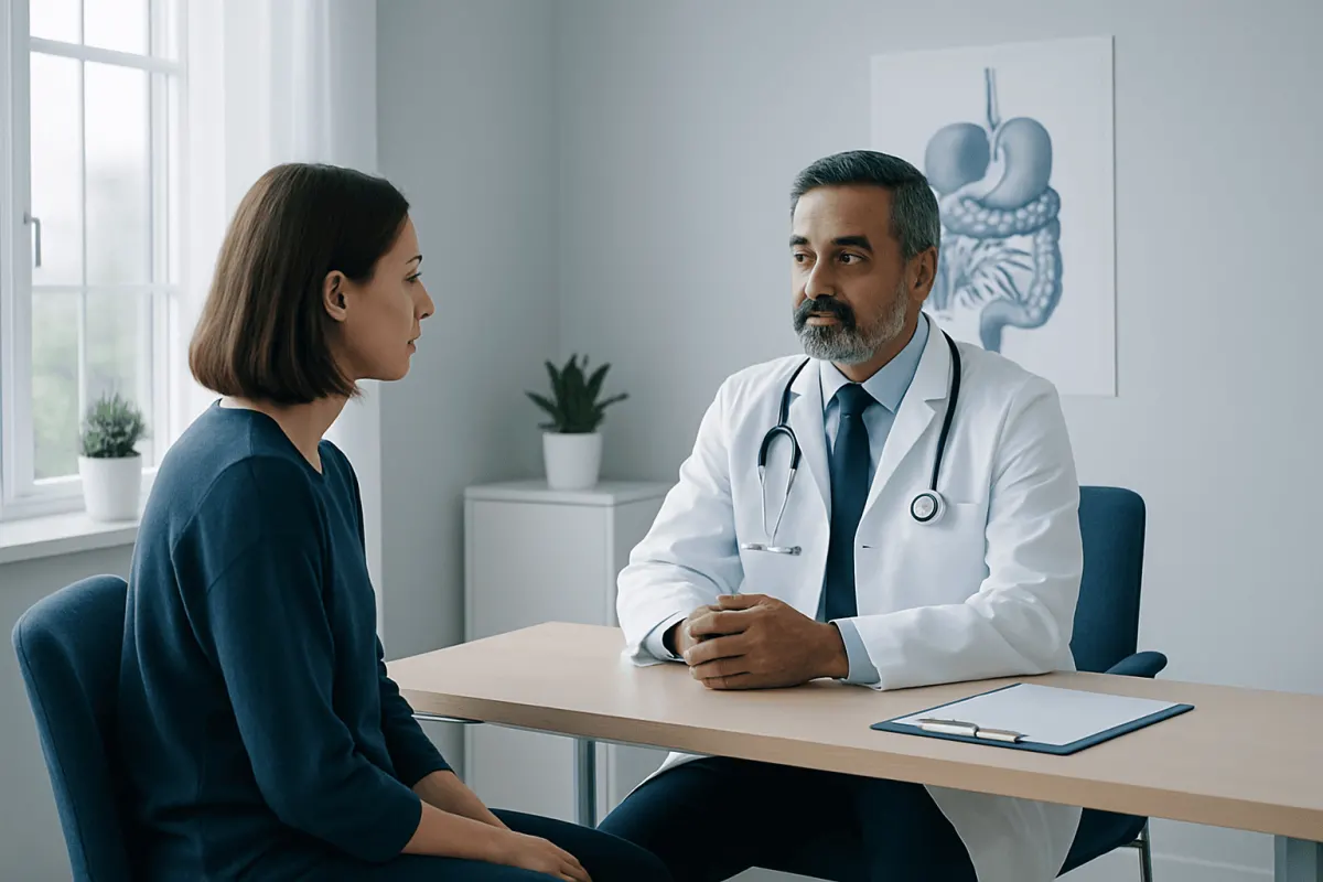 Gastroenterologist consulting with a patient in a medical office.