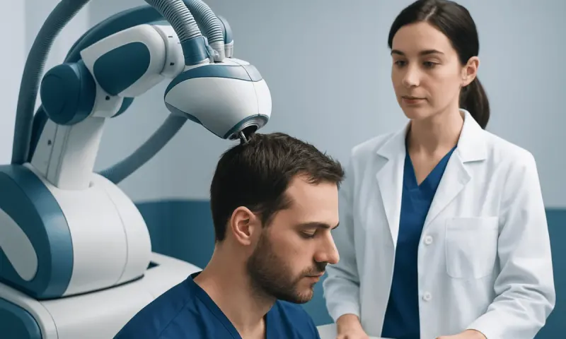 Medical professional monitors robotic hair growth treatment in clinic.