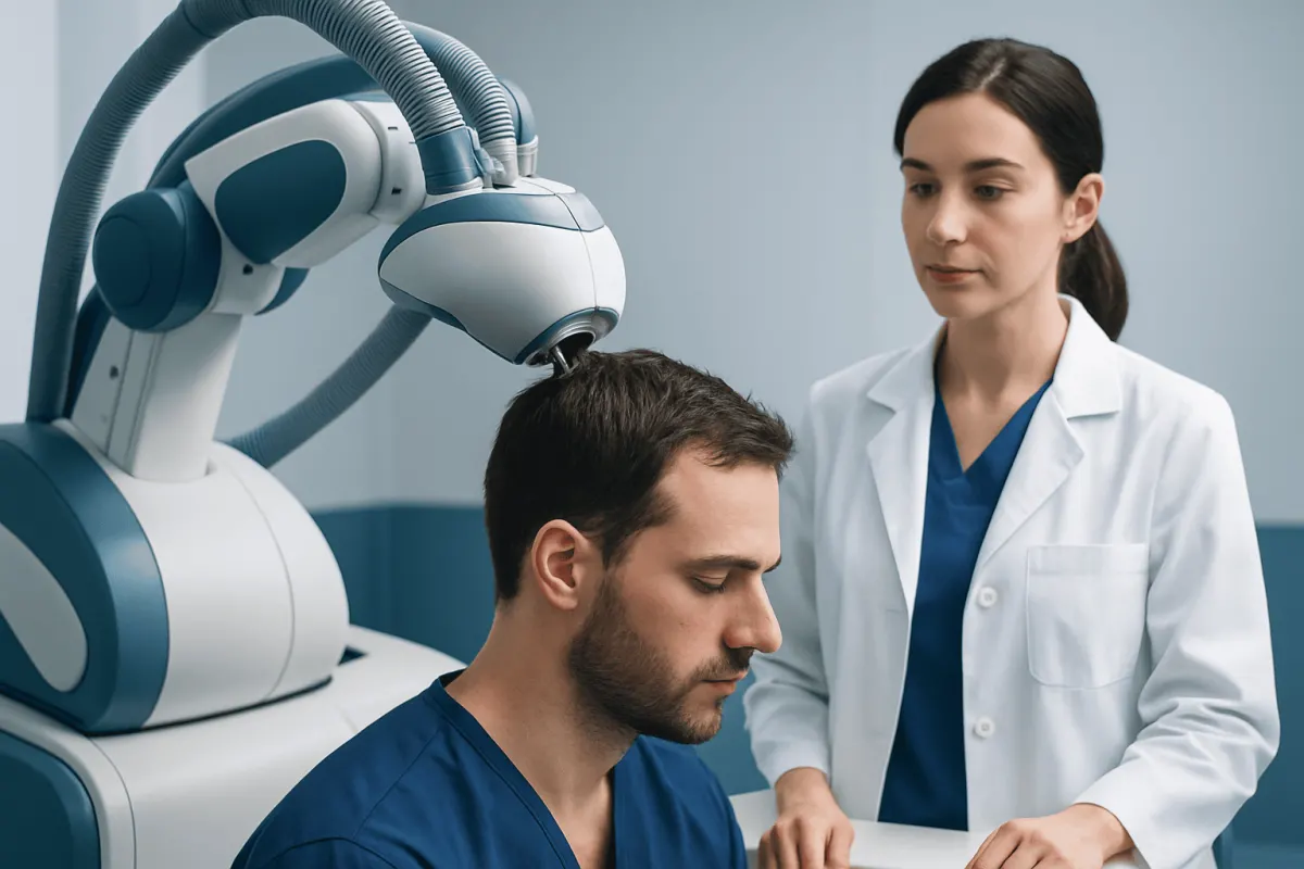 Medical professional monitors robotic hair growth treatment in clinic.