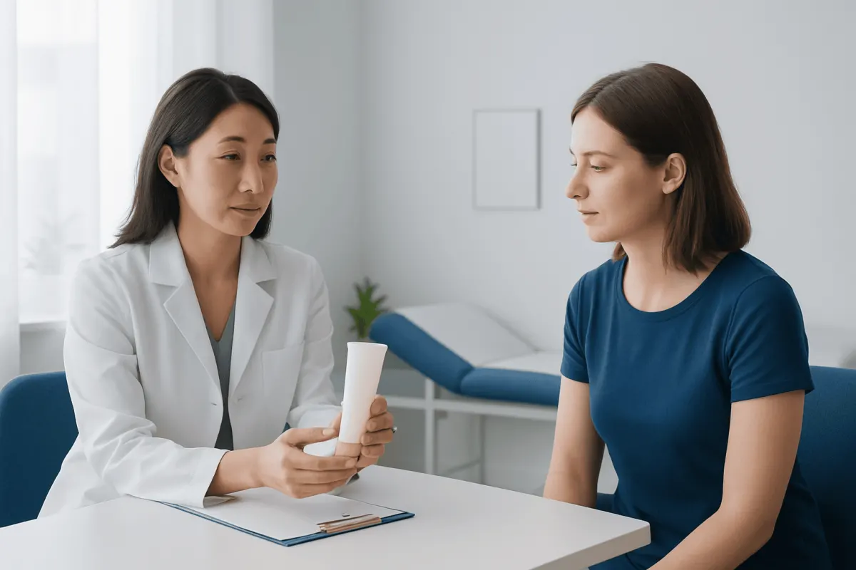 Doctor explaining sunscreen benefits to patient in clinic setting.