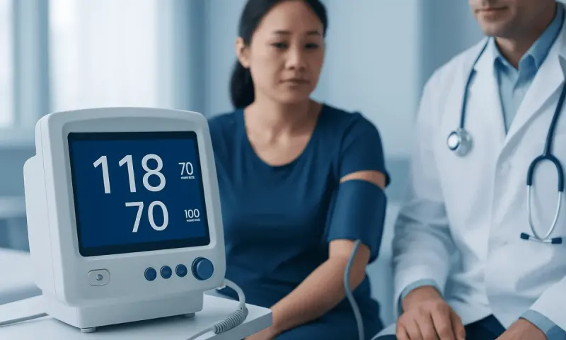 Patient's blood pressure reading 118/70 monitored by healthcare professional.