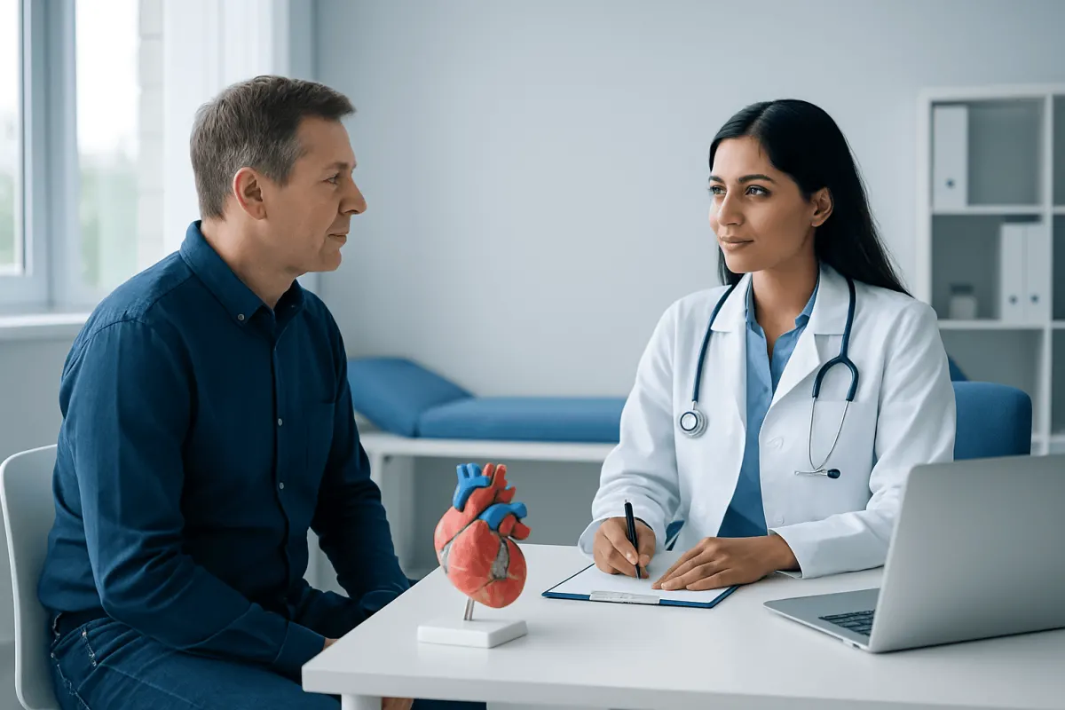 Doctor consulting with a patient about heart health in a hospital setting.