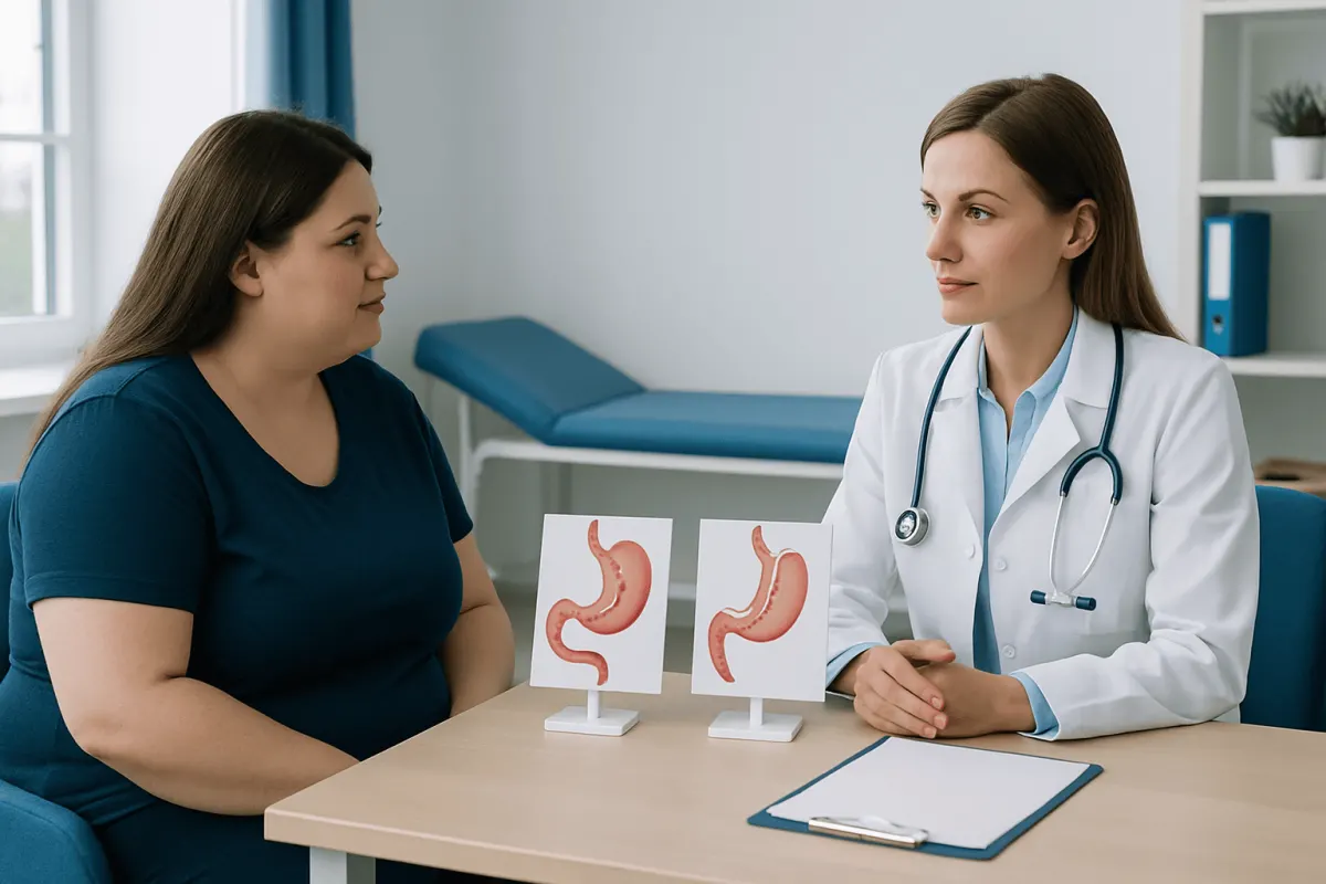 Doctor explaining gastric surgery options to a patient with stomach diagrams.