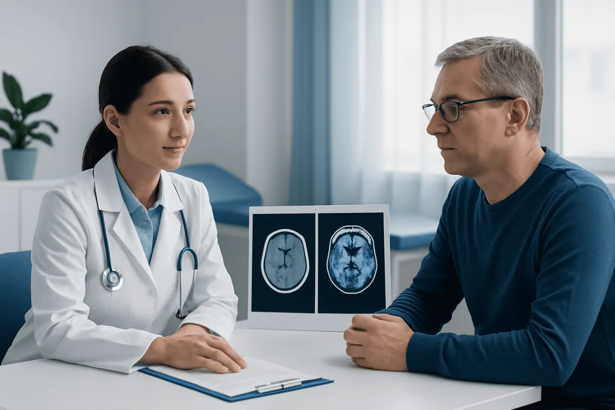 Doctor explaining brain scan results to a patient in a medical consultation room.