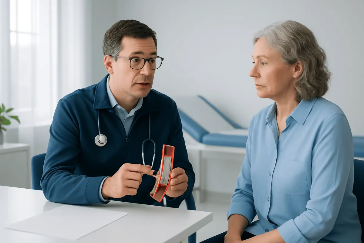 Doctor explaining heart stent procedure to an elderly woman in a clinic.