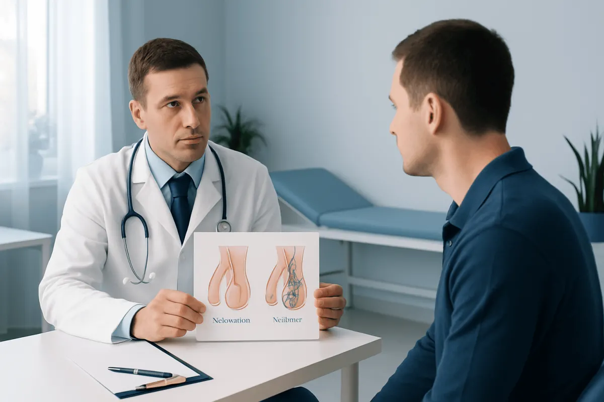 Urologist explaining differences between nephrectomy and nephroblastoma to patient.