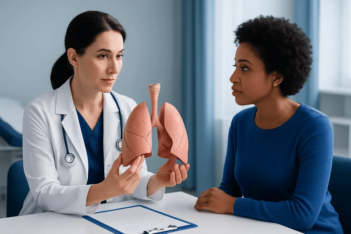 Doctor explaining lung anatomy to patient with lung model in clinic.