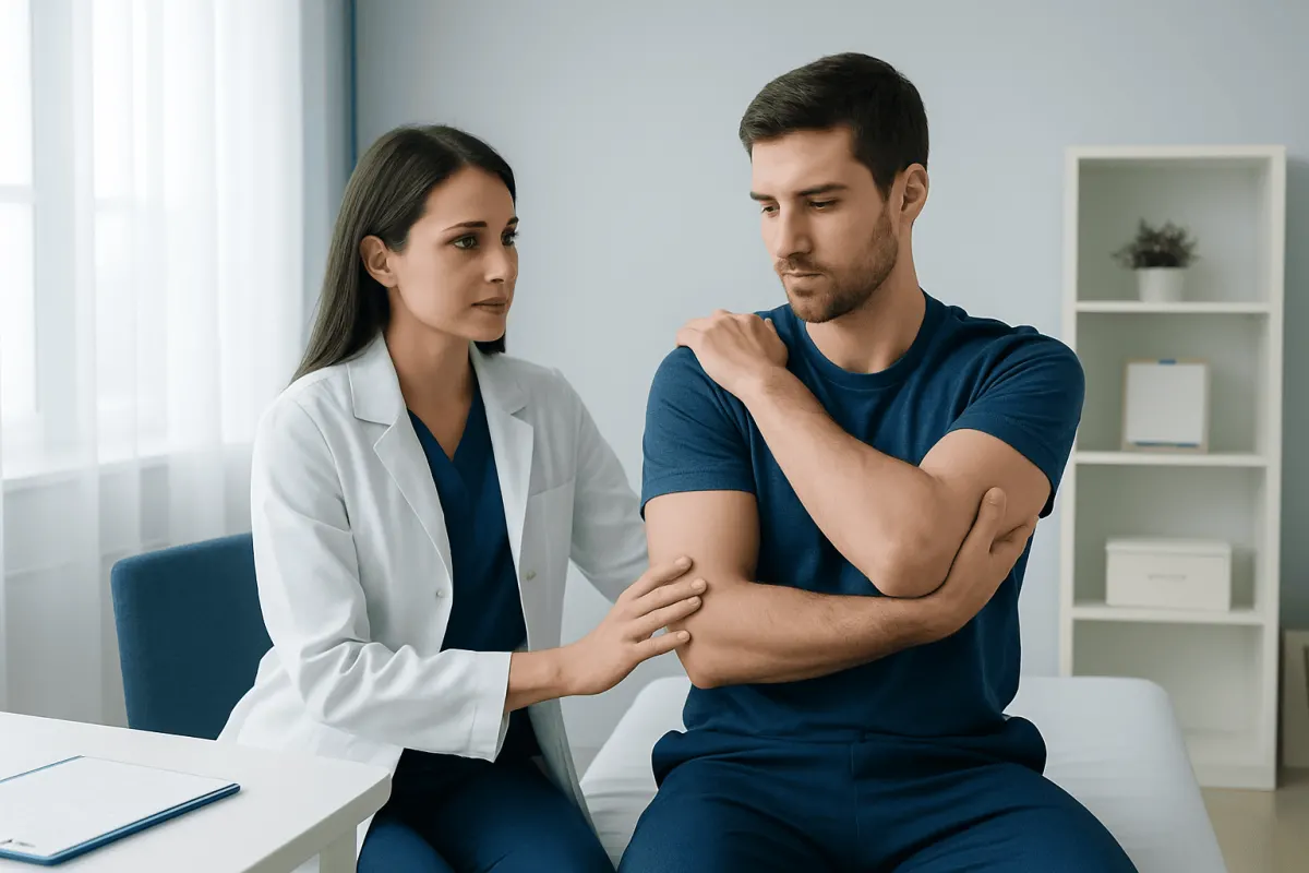 Doctor consulting with patient about shoulder pain in clinic.