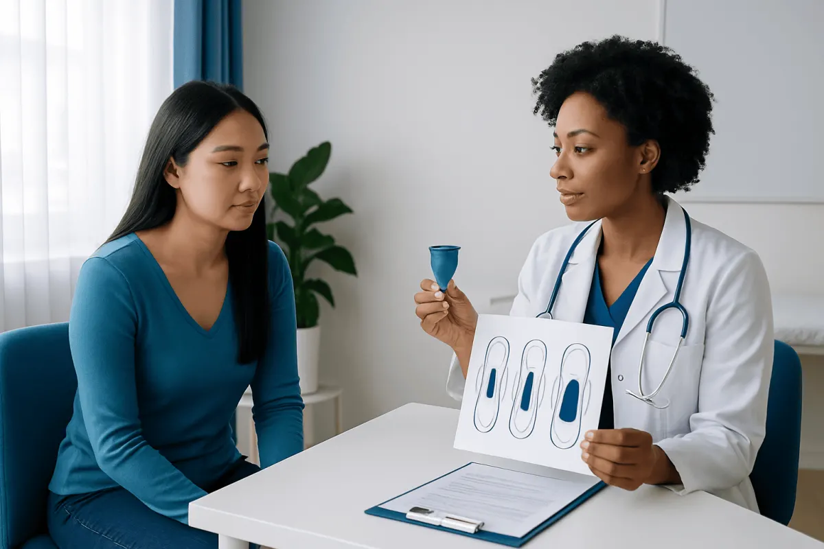 Doctor explaining menstrual blood flow to patient in consultation room.