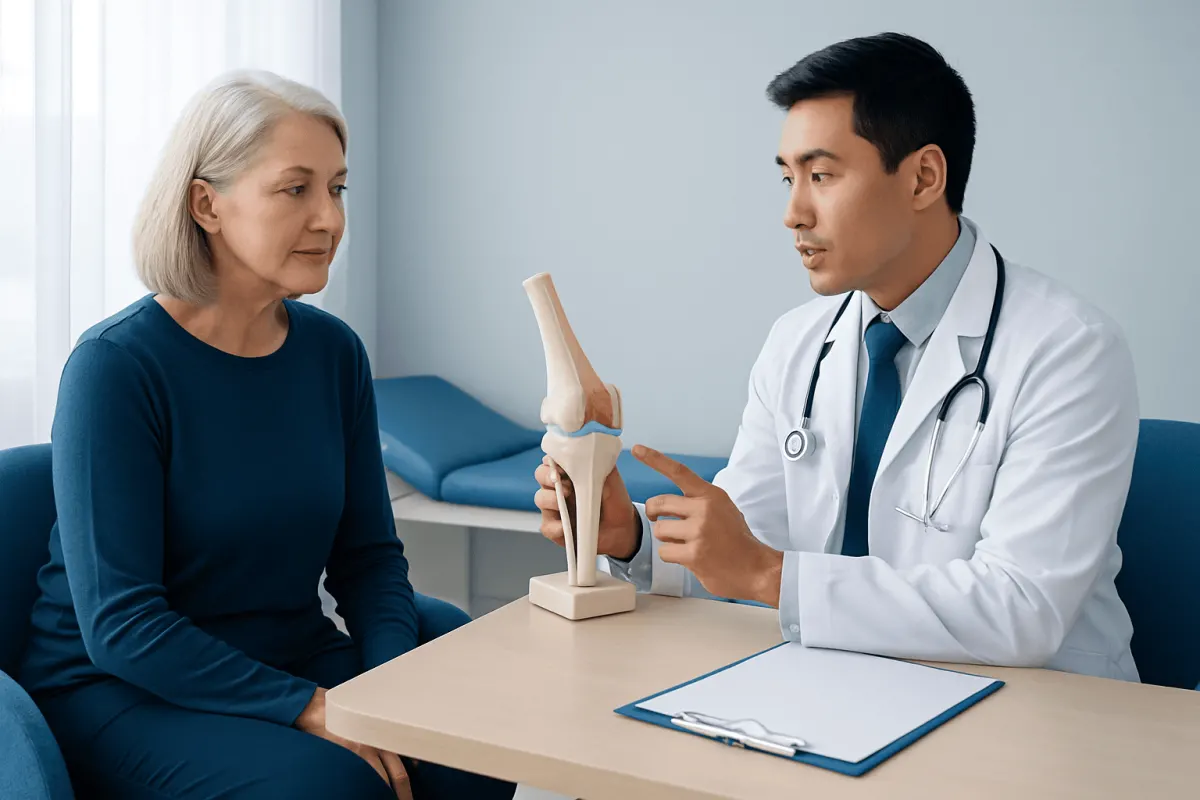 Orthopedic consultation for knee replacement with doctor and patient in clinic.